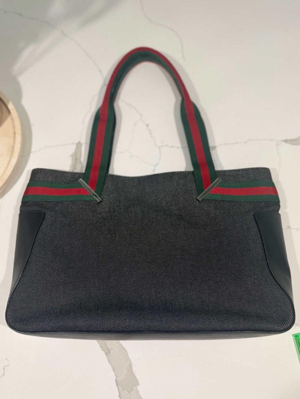 Gucci Vintage Sherry Line Gray Tote with Green & Red Web Straps RARE Canvas EUC - Picture 5 of 12